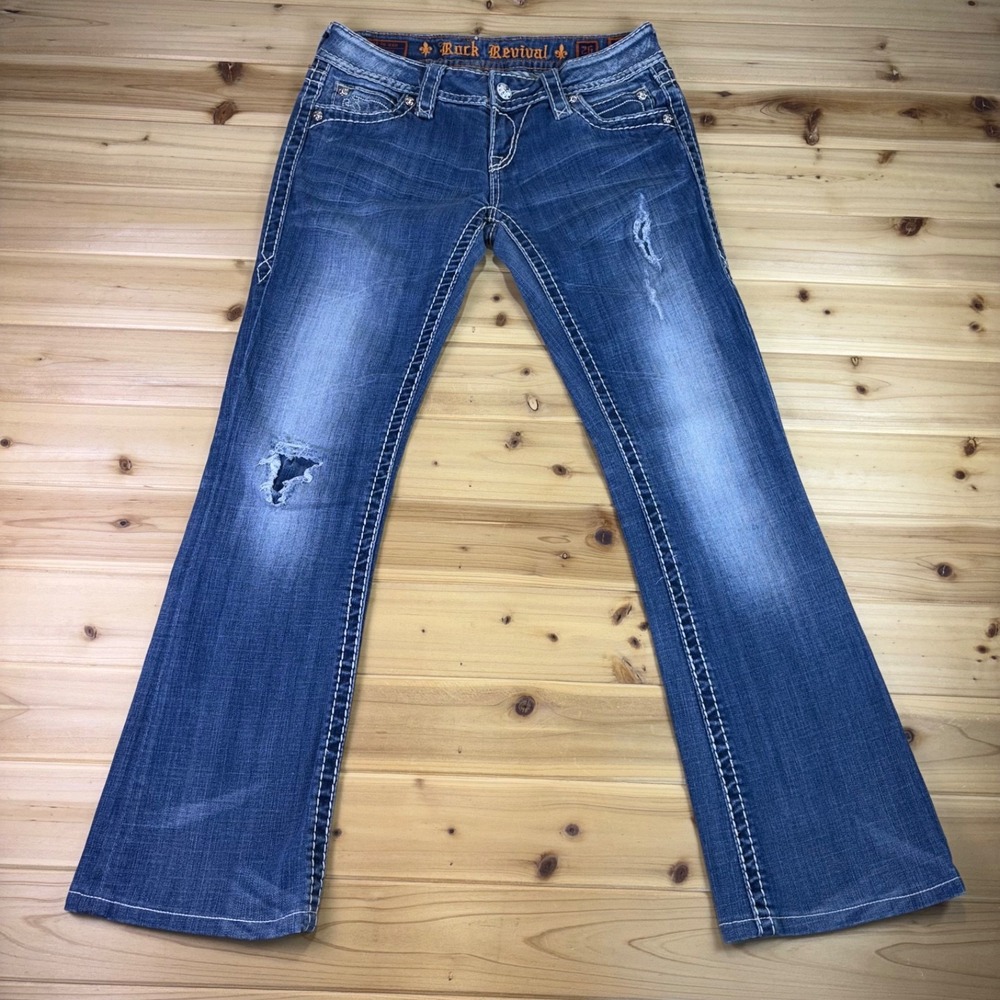 Rock Revival Jeans Women 26 Jamie Easy Boot Cut Low Rise Thick Stitch Rhinestone